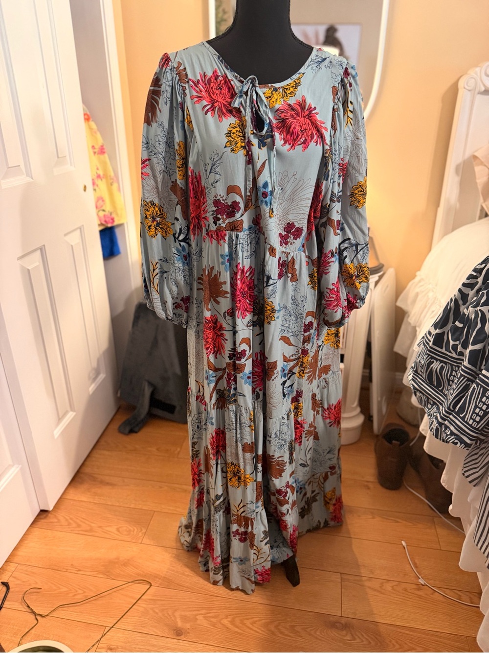 Sky Blue Floral Tiered Maxi Dress with Tie Neck
